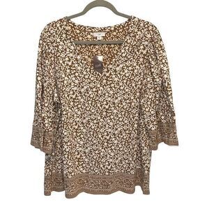 J. Jill Womens V-Neck Floral 3/4 Sleeve Cotton Tunic Top Brown Boho Size 2X NWT
